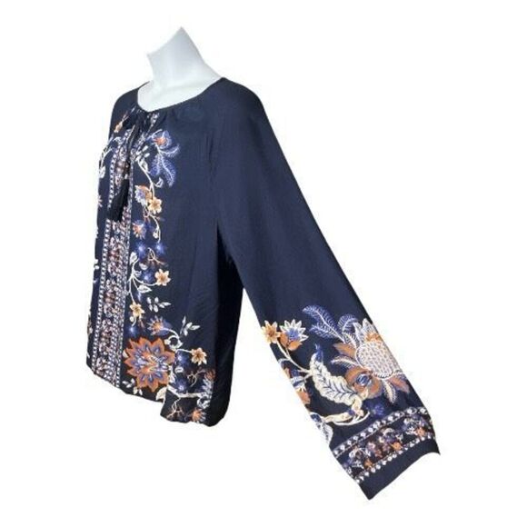 Chico's Navy Blue Floral Print Pullover Tassel Top Peasant Blouse Size 3 (XL,16) - Picture 5 of 12